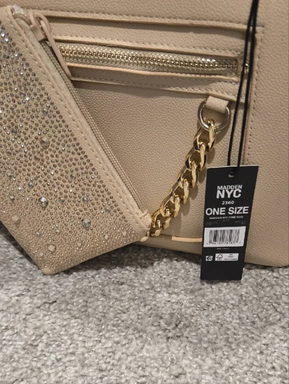 Madden NYC Beige Mini Satchel with Crystal Zip Pouch